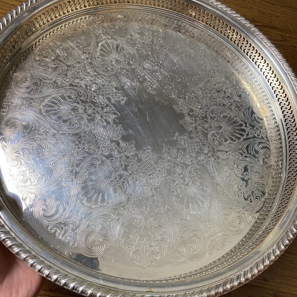 Wm ROGERS Silverplate Lazy Susan & Serving Gallery Tray Cocktail Bar Buffet - Picture 7 of 11